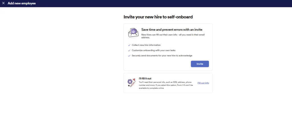 ADP RUN add employee screen with options to invite a new hire or enter employee information manually