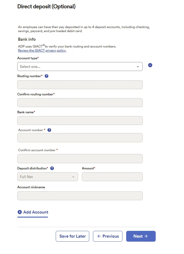 ADP RUN direct deposit setup screen for entering bank account and deposit information