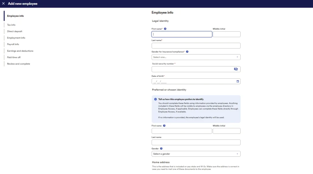ADP RUN employee information screen for entering legal identity, Social Security number, date of birth, and address