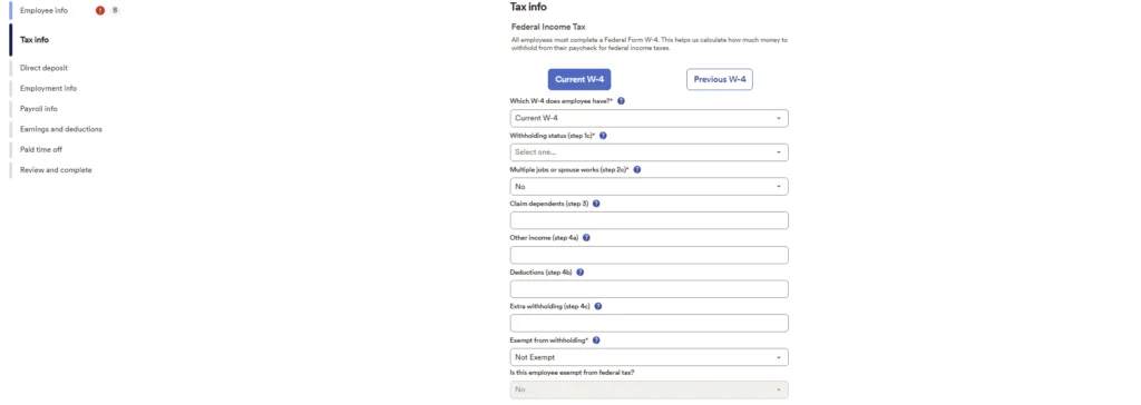 ADP RUN federal tax setup screen showing W-4 withholding status and employee tax information