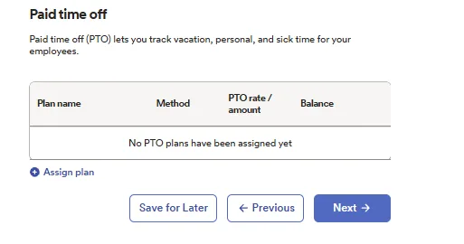 ADP RUN paid time off screen showing PTO plan assignment options