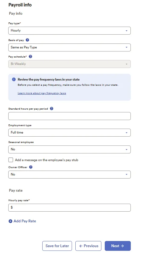 ADP RUN payroll setup screen showing hourly pay type, biweekly schedule, employment type, and hourly pay rate