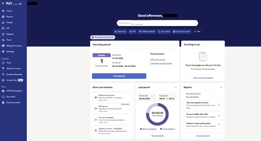 ADP RUN payroll dashboard showing upcoming payroll, recent payroll, and payroll reports