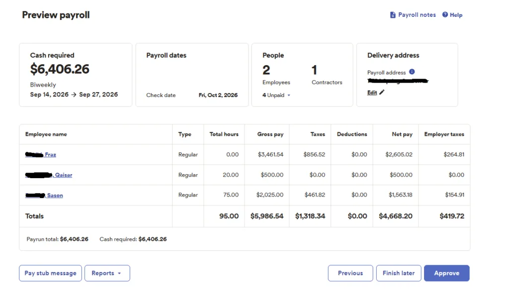ADP RUN payroll preview showing cash required, payroll dates, employee wages, taxes, net pay, and employer taxes