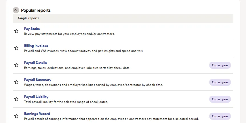 ADP RUN payroll reports menu showing pay stubs, payroll details, payroll summary, payroll liability, and earnings records