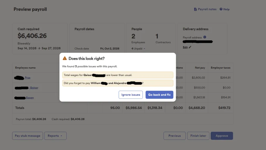 ADP RUN payroll review warning showing possible issues with employee wages and missing employees