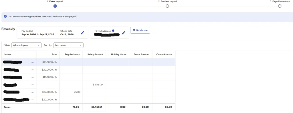 ADP RUN payroll entry screen showing employees, pay rates, regular hours, and salary amounts