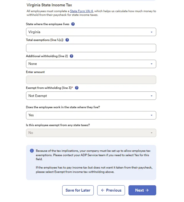 ADP RUN Virginia state tax setup screen showing withholding and exemption settings